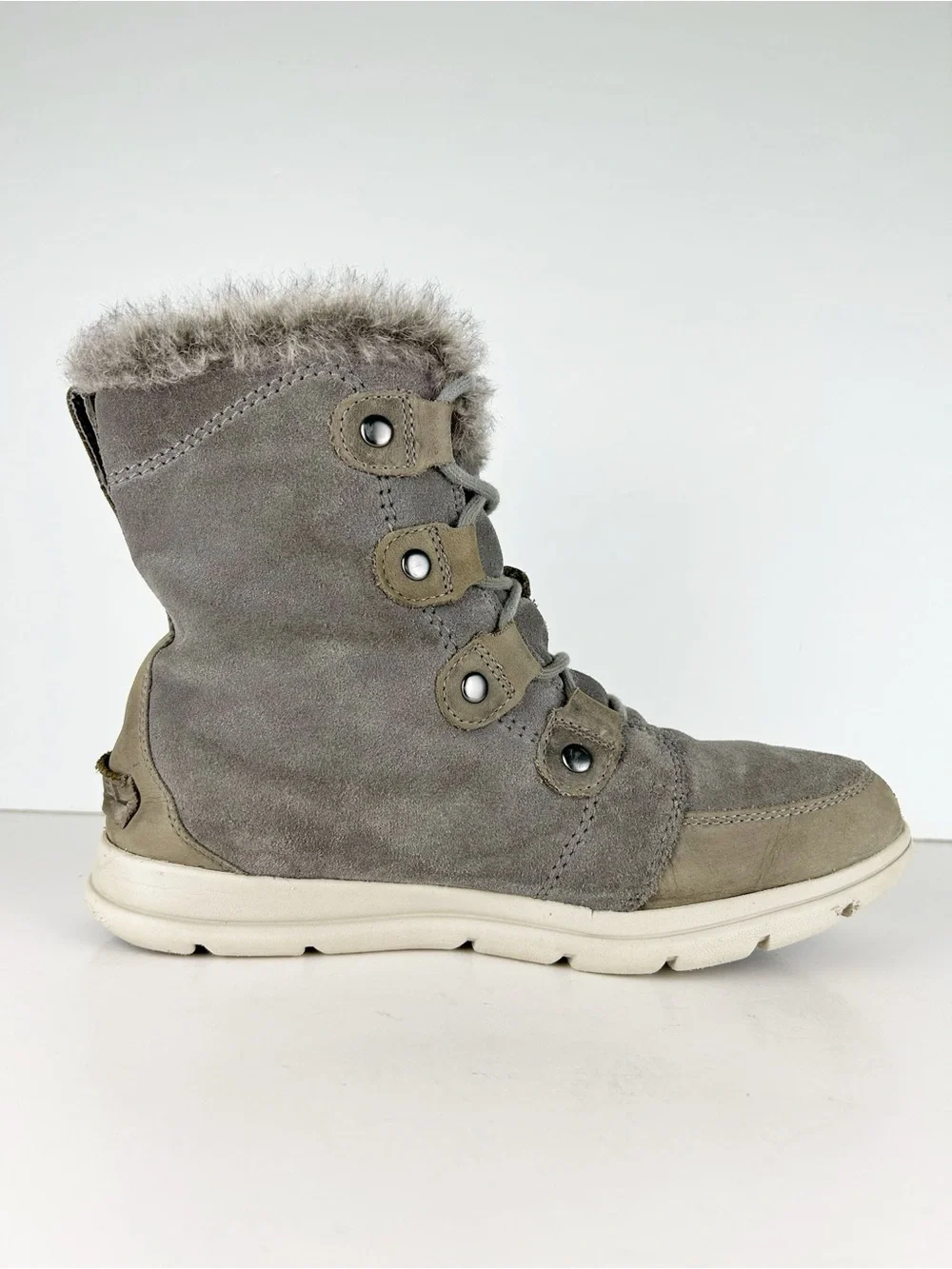 Sorel Explorer Joan Quarry Gray Suede Leather Lace Up Waterproof Ankle Boot